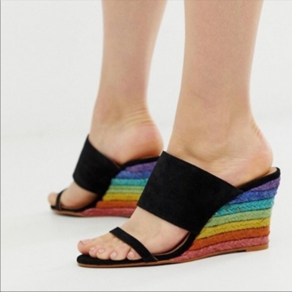 Free People Glorieta Suede Black Rainbow Wedge Sandals 38